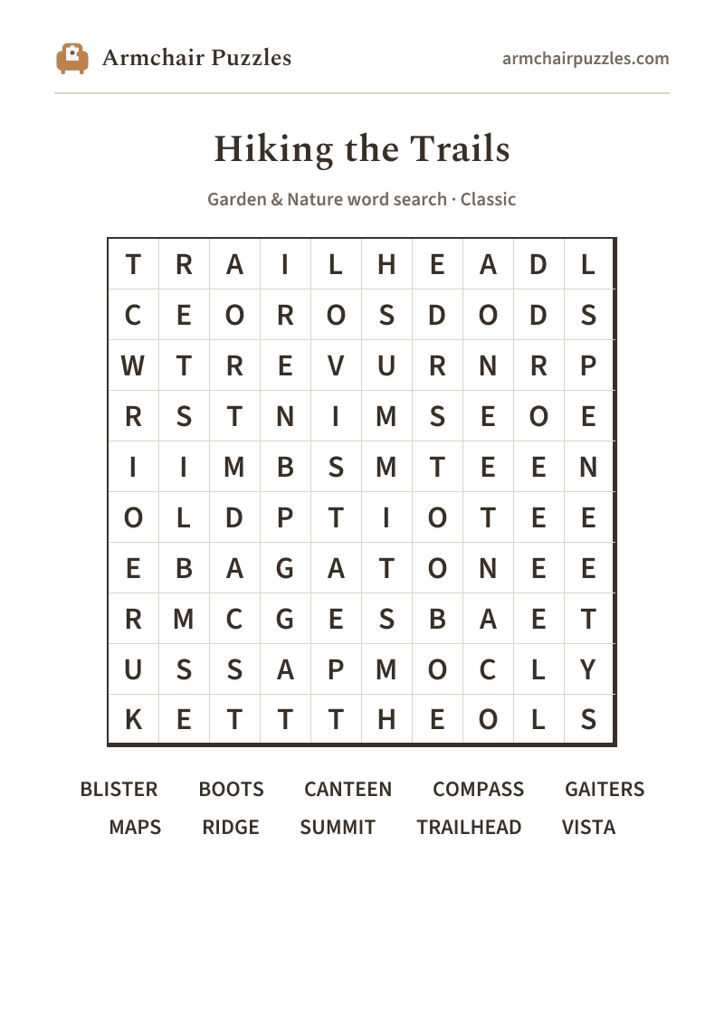 The printable Hiking the Trails word search sheet in large print