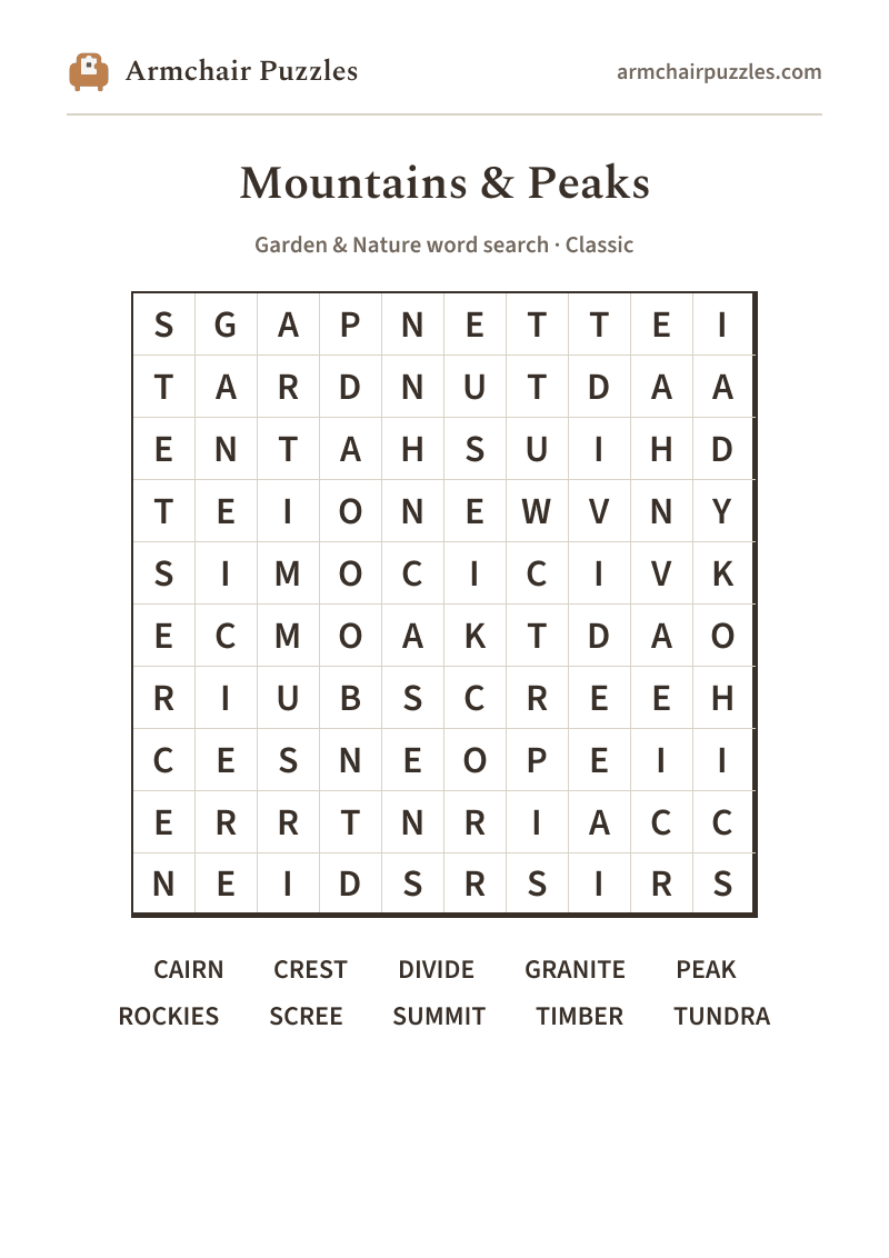 The printable Mountains & Peaks word search sheet
