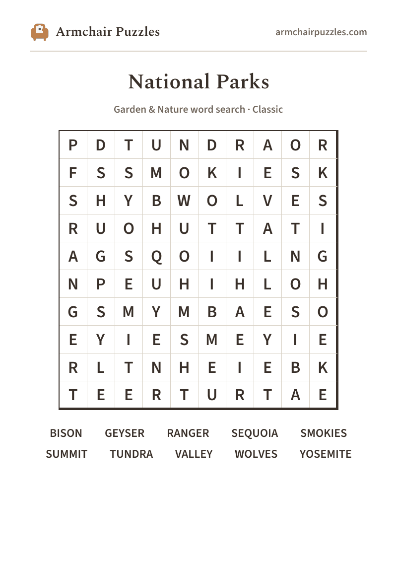 The printable National Parks word search sheet in large print
