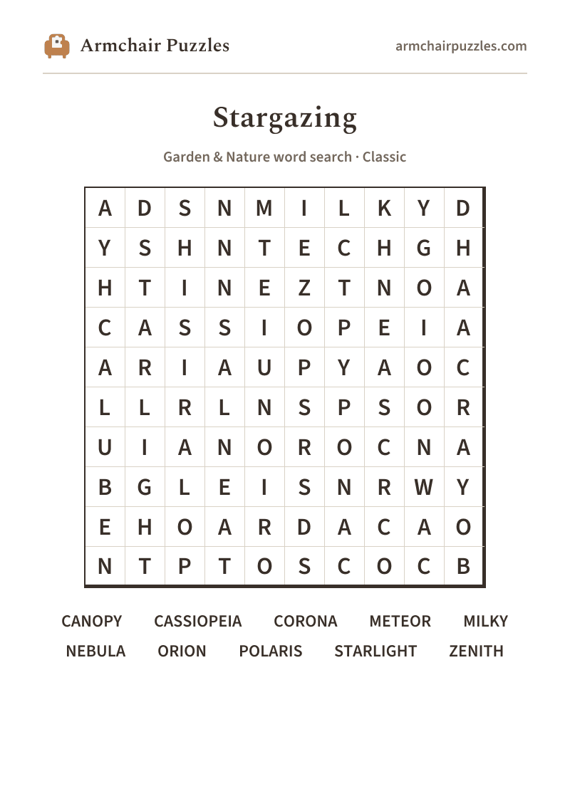 The printable Stargazing word search sheet