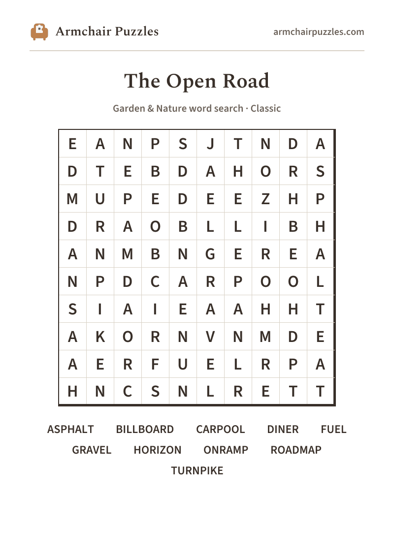 The printable The Open Road word search sheet
