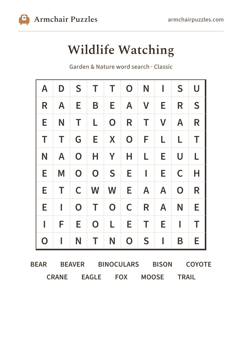 The printable Wildlife Watching word search sheet