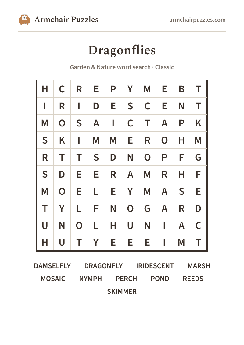 The printable Dragonflies word search sheet: large-print Classic grid with its word list