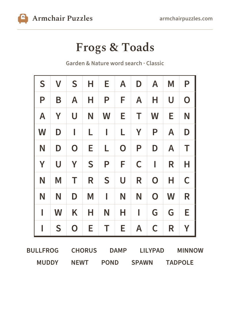 The printable Frogs & Toads word search sheet: large-print Classic grid with its word list