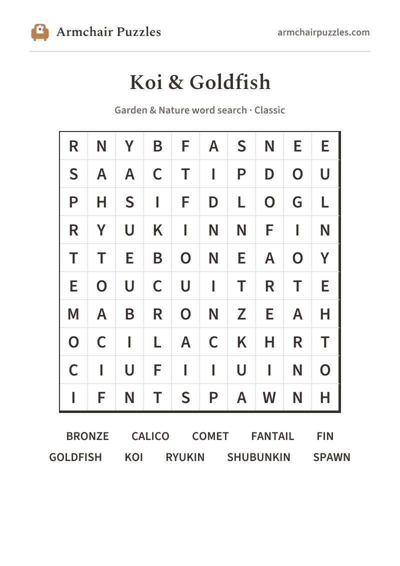 The printable Koi & Goldfish word search sheet in large print
