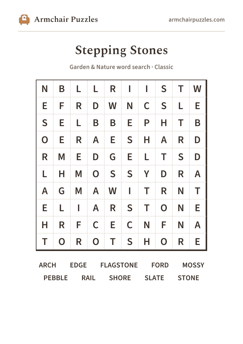 The printable Stepping Stones word search sheet: large-print Classic grid with its word list