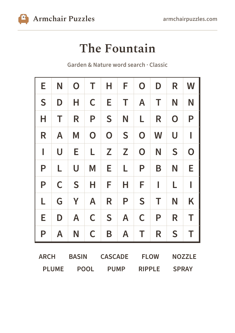 The printable The Fountain word search sheet: large-print Classic grid with its word list