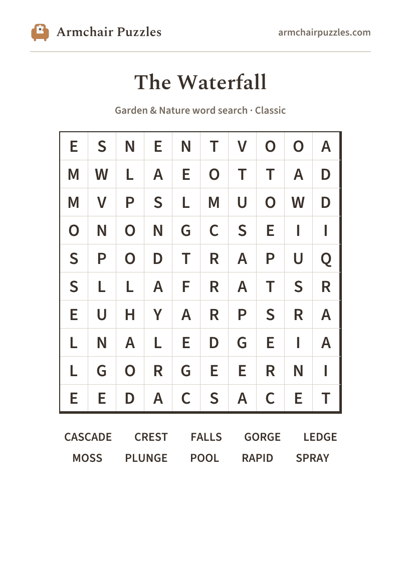 The printable The Waterfall word search sheet in large print