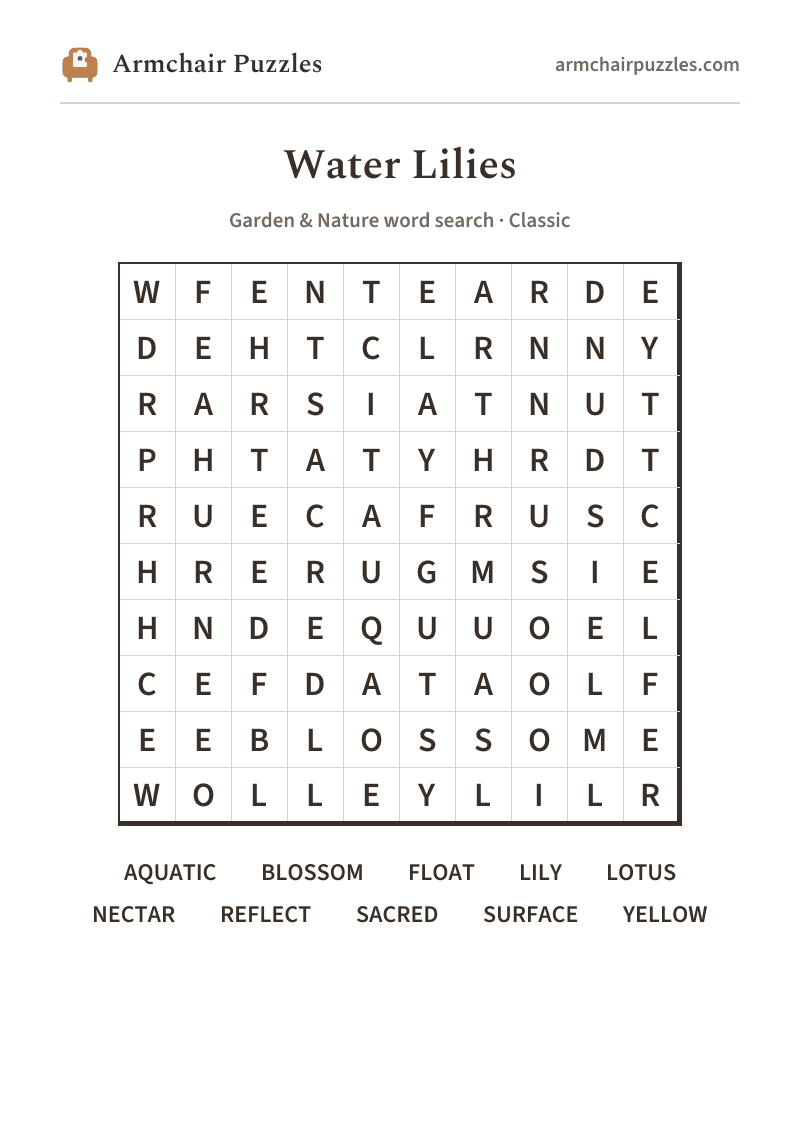 The printable Water Lilies word search sheet