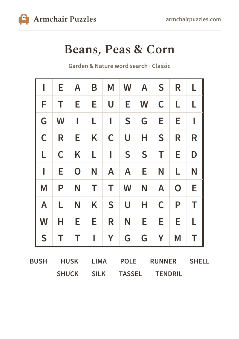 The printable Beans, Peas & Corn word search sheet