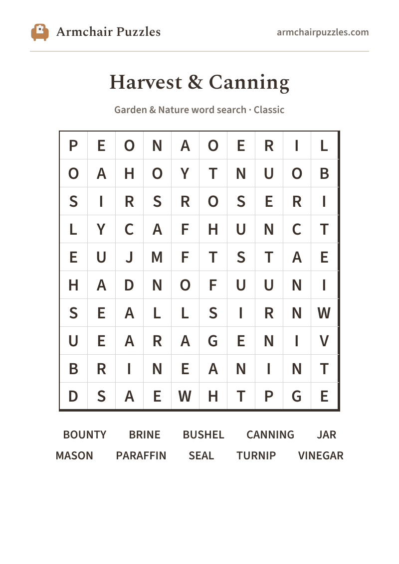 The printable Harvest & Canning word search sheet in large print