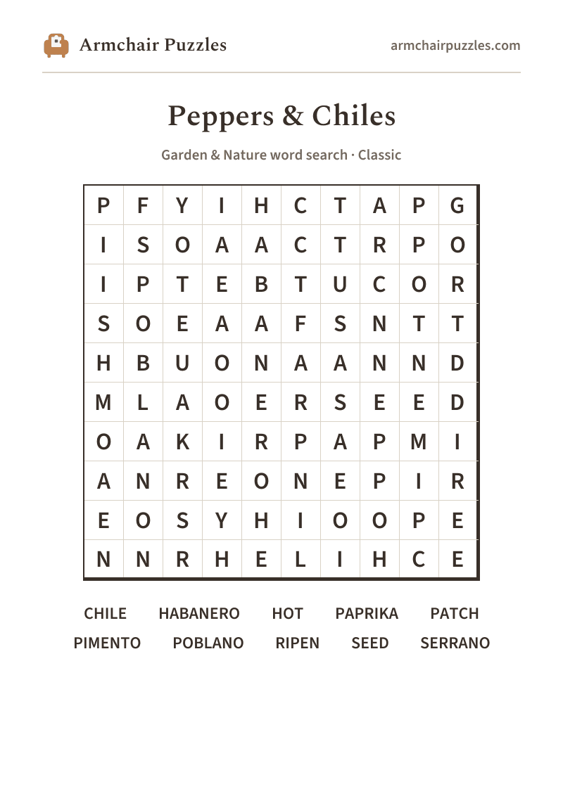 The printable Peppers & Chiles word search sheet