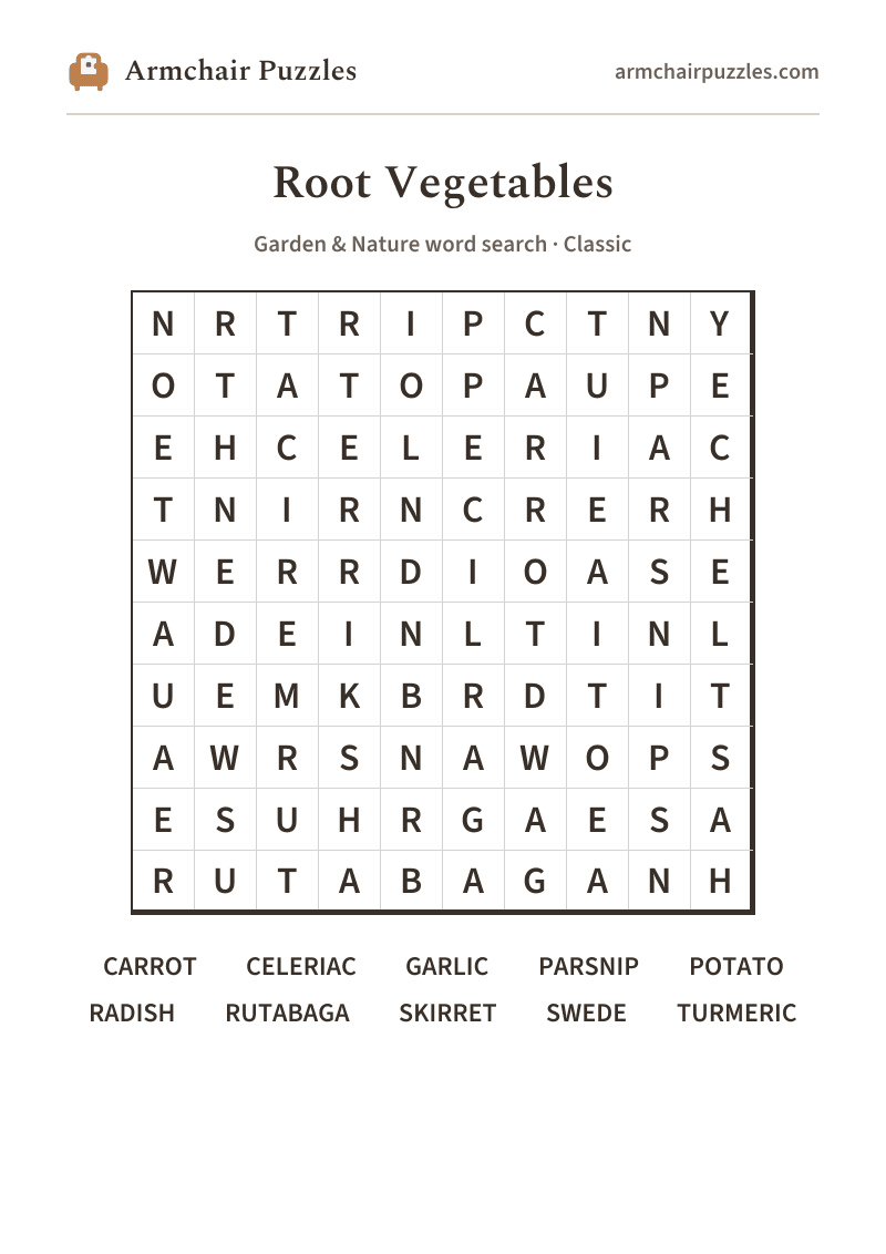 The printable Root Vegetables word search sheet