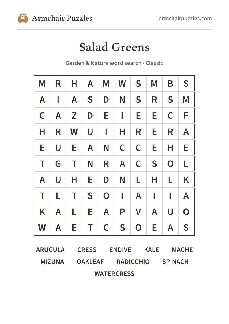 The printable Salad Greens word search sheet