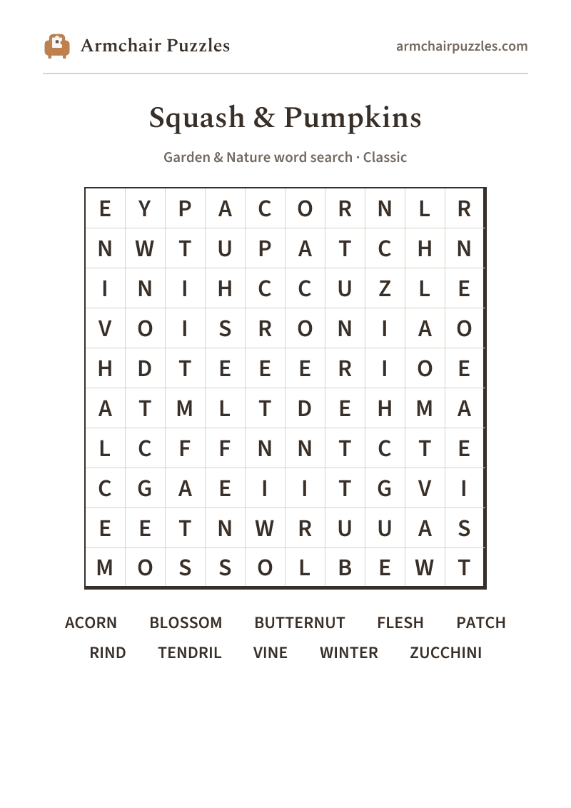 The printable Squash & Pumpkins word search sheet