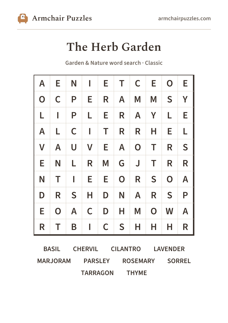 The printable The Herb Garden word search sheet: large-print Classic grid with its word list