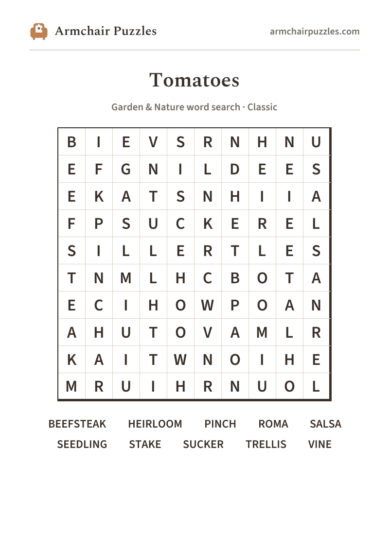 The printable Tomatoes word search sheet