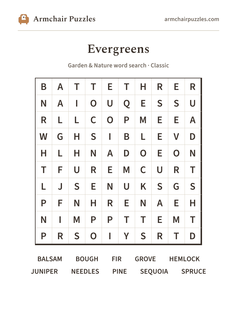 The printable Evergreens word search sheet
