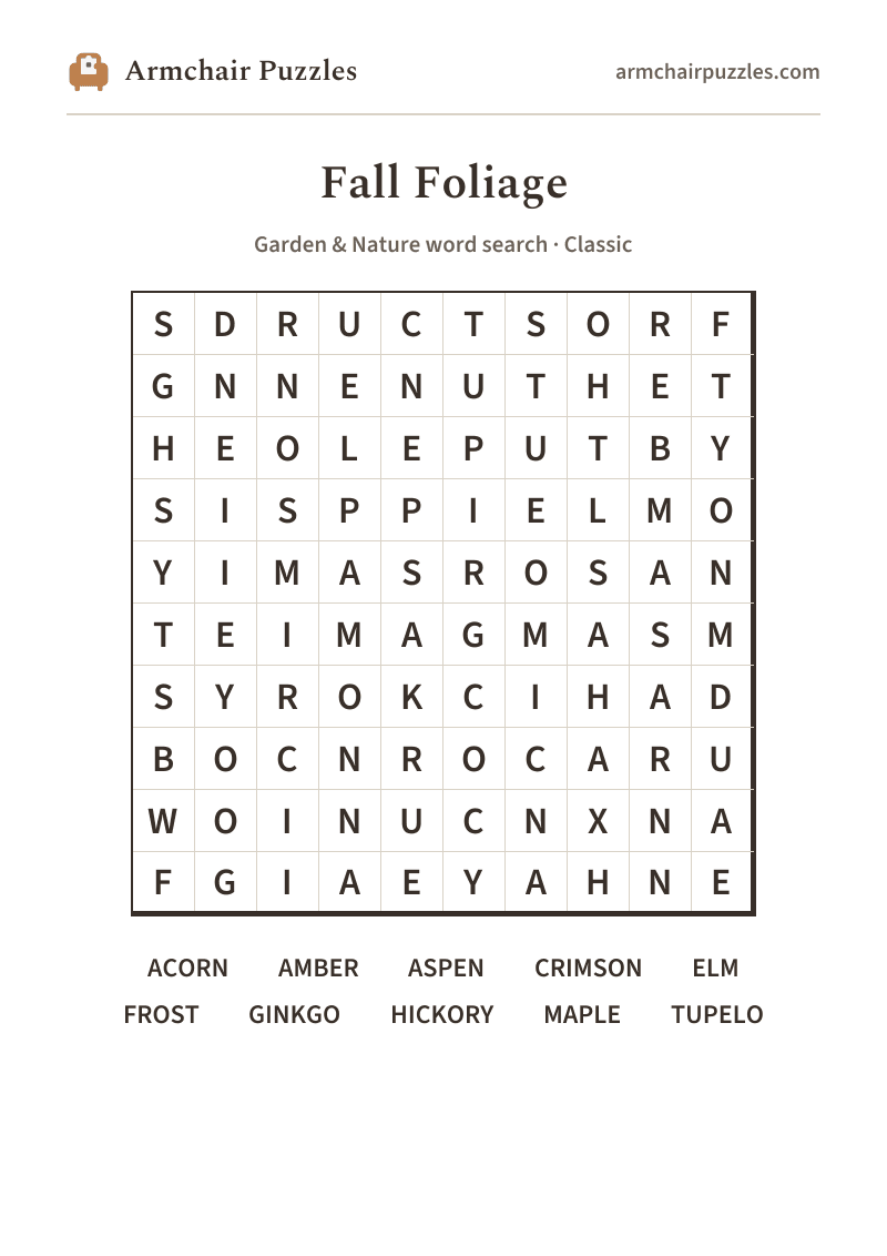The printable Fall Foliage word search sheet