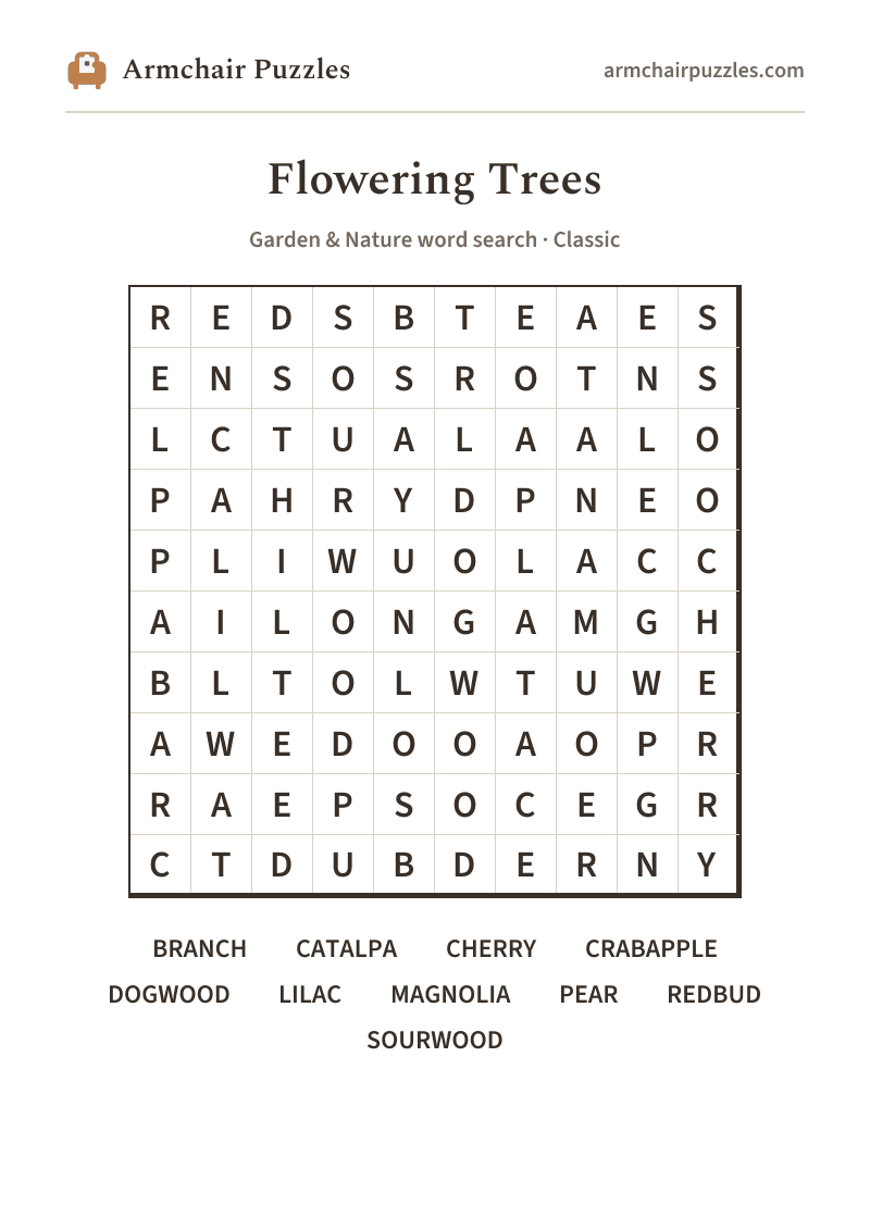 The printable Flowering Trees word search sheet