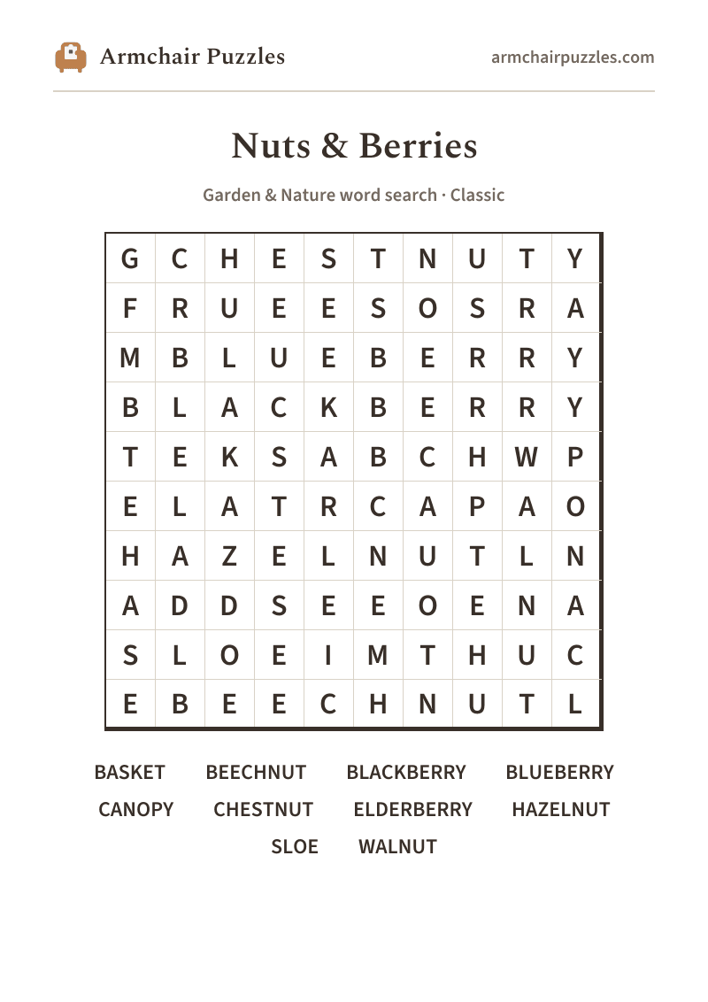 The printable Nuts & Berries word search sheet