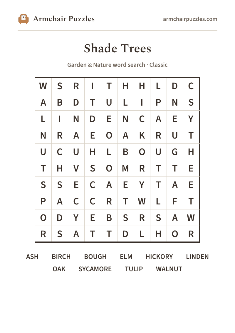 The printable Shade Trees word search sheet