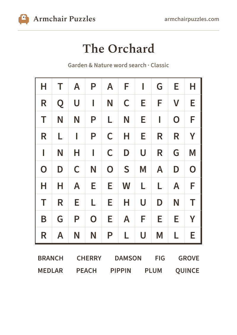 The printable The Orchard word search sheet in large print