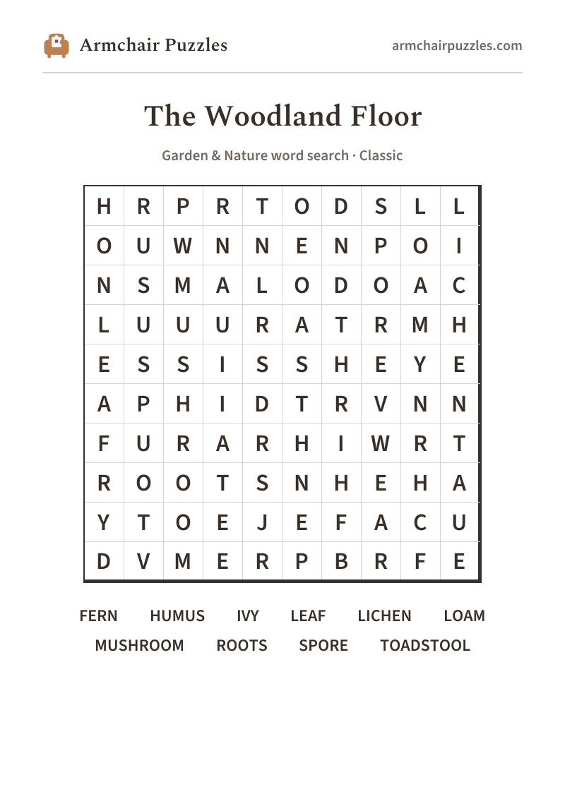 The printable The Woodland Floor word search sheet