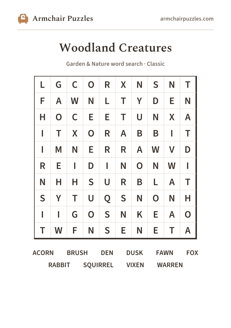 The printable Woodland Creatures word search sheet