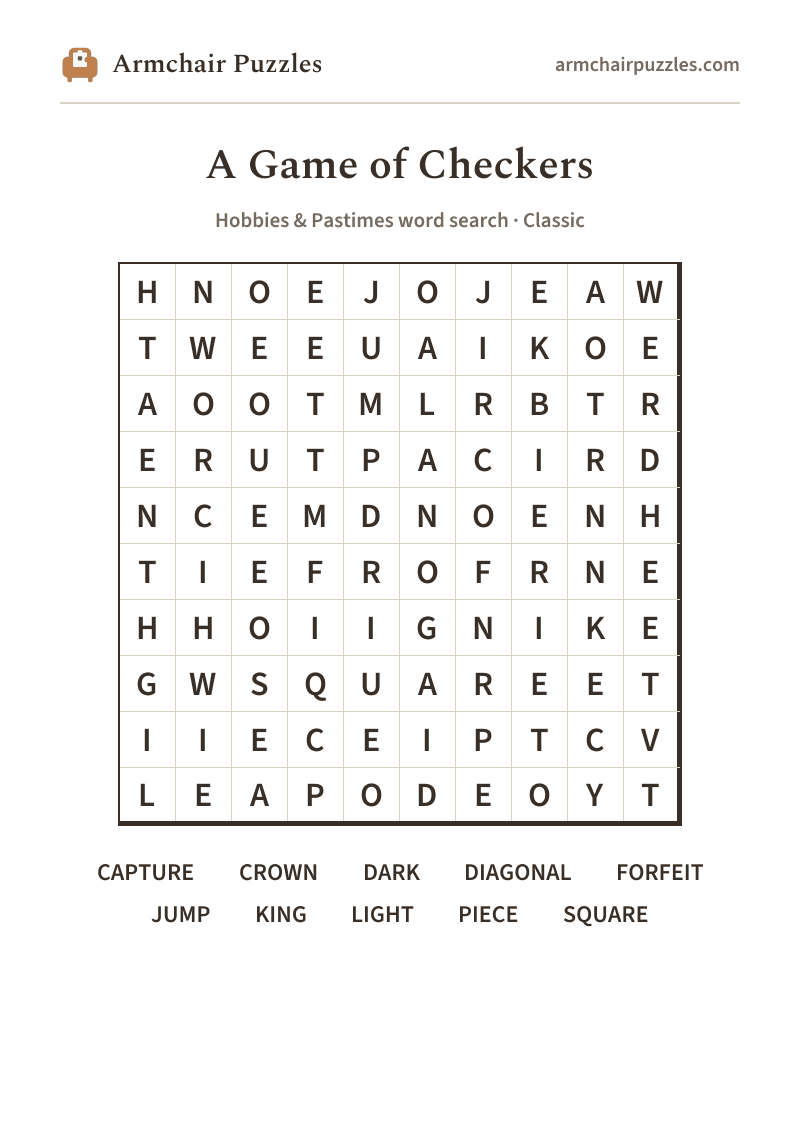 The printable A Game of Checkers word search sheet in large print