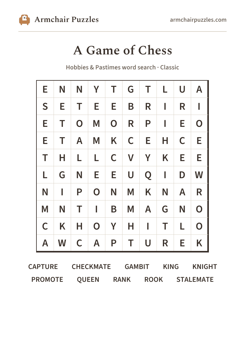 The printable A Game of Chess word search sheet: large-print Classic grid with its word list