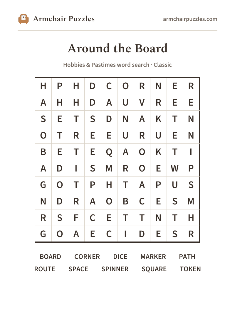 The printable Around the Board word search sheet