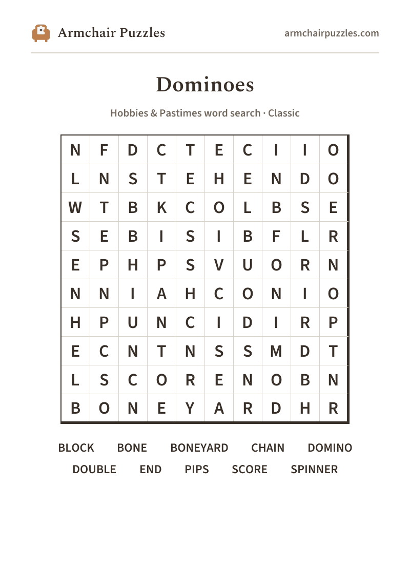 The printable Dominoes word search sheet: large-print Classic grid with its word list