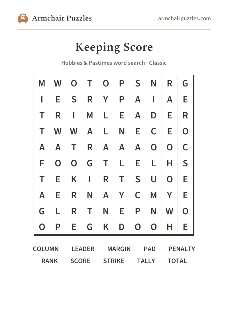 The printable Keeping Score word search sheet: large-print Classic grid with its word list