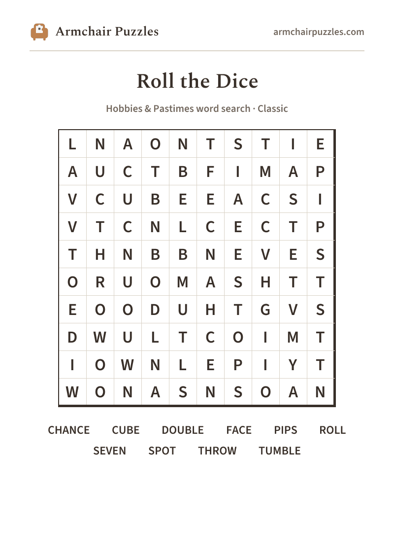 The printable Roll the Dice word search sheet