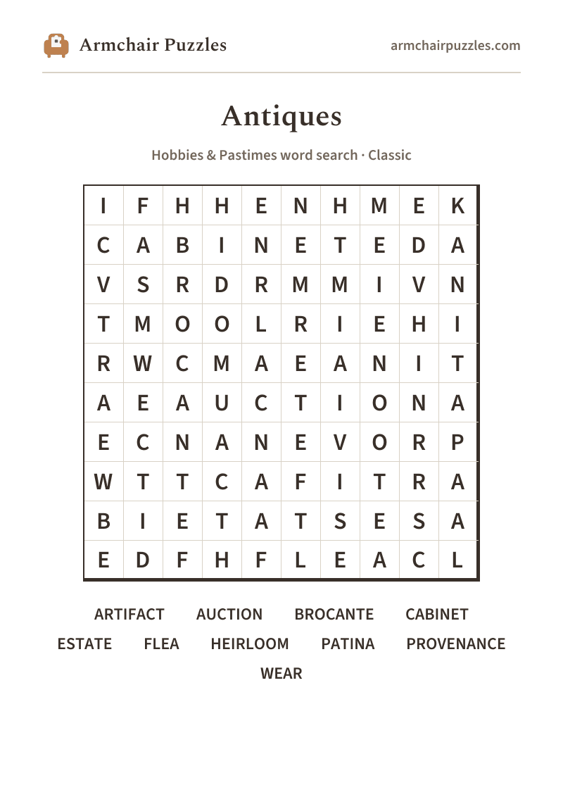 The printable Antiques word search sheet in large print