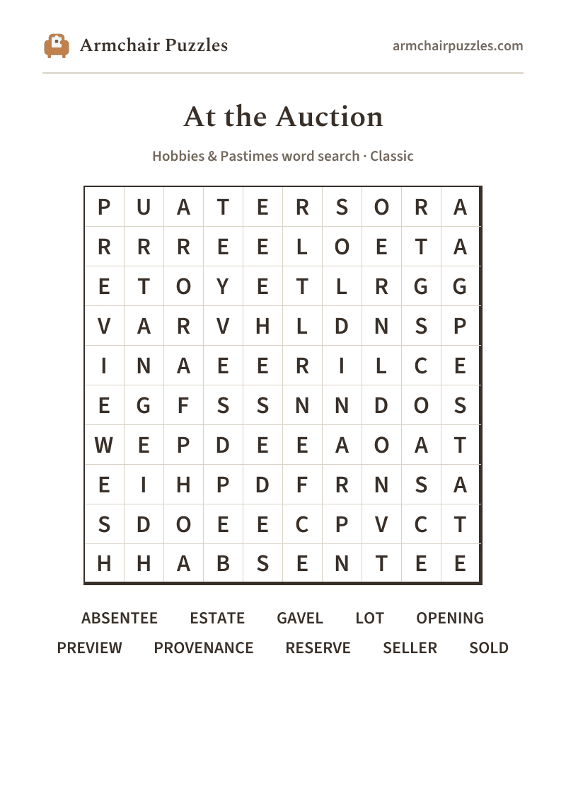 The printable At the Auction word search sheet in large print