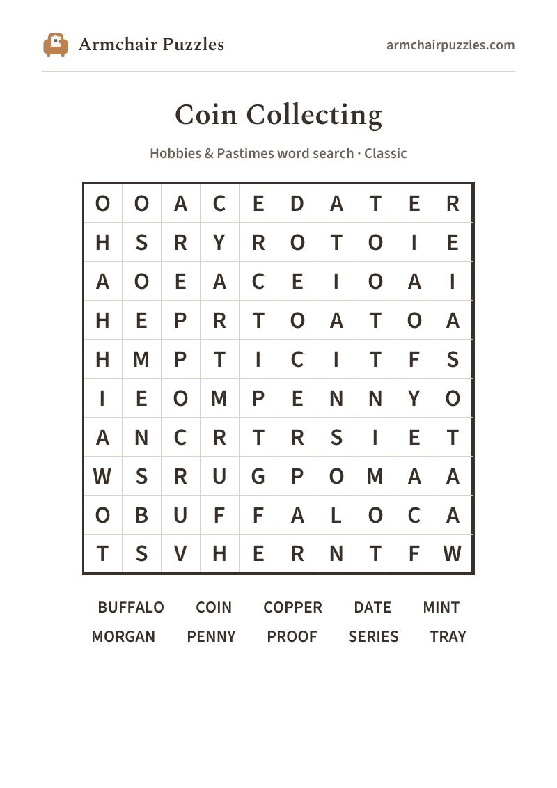 The printable Coin Collecting word search sheet in large print
