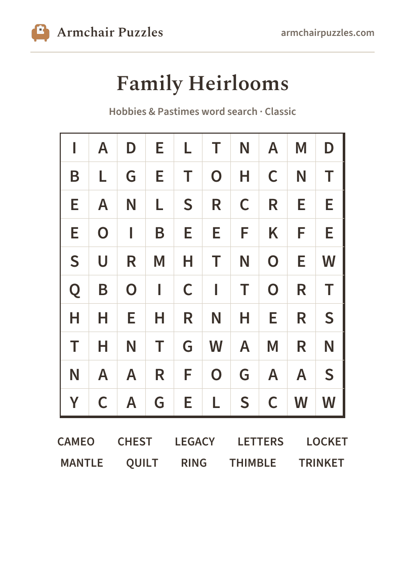 The printable Family Heirlooms word search sheet in large print