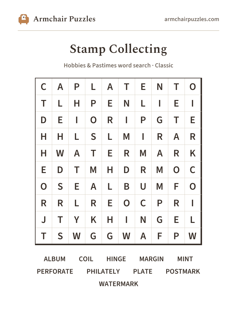 The printable Stamp Collecting word search sheet in large print