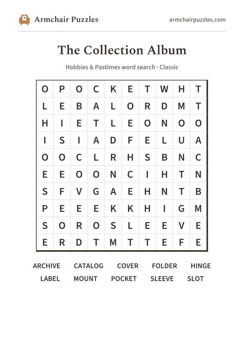 The printable The Collection Album word search sheet in large print