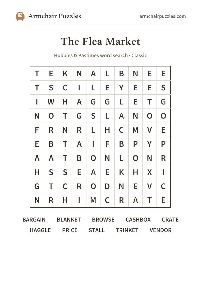 The printable The Flea Market word search sheet: large-print Classic grid with its word list
