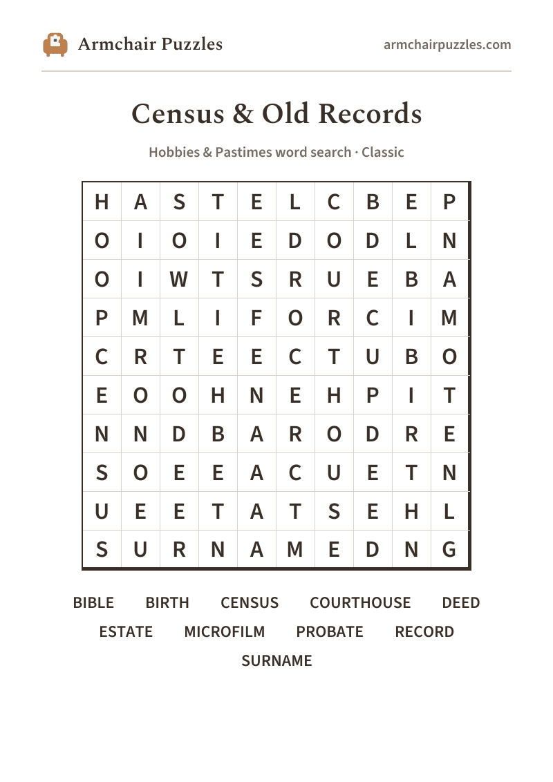 The printable Census & Old Records word search sheet: large-print Classic grid with its word list
