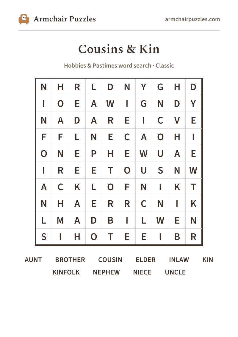 The printable Cousins & Kin word search sheet