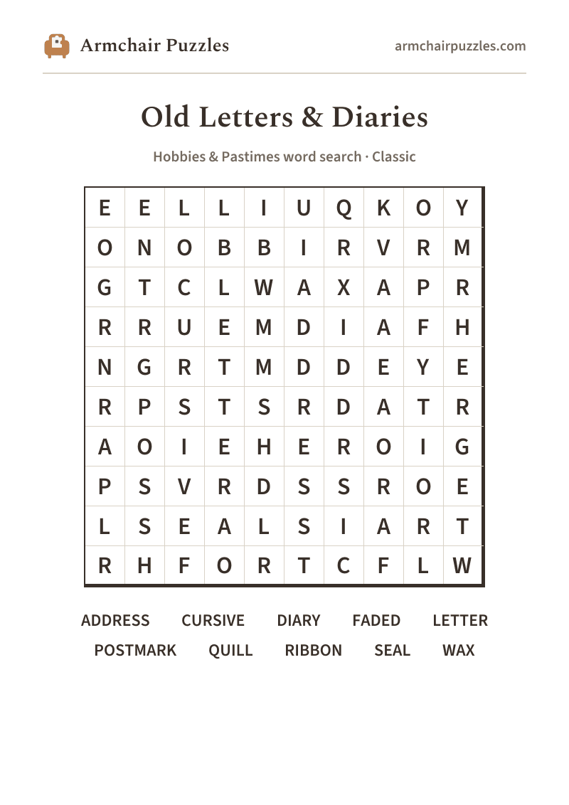 The printable Old Letters & Diaries word search sheet: large-print Classic grid with its word list