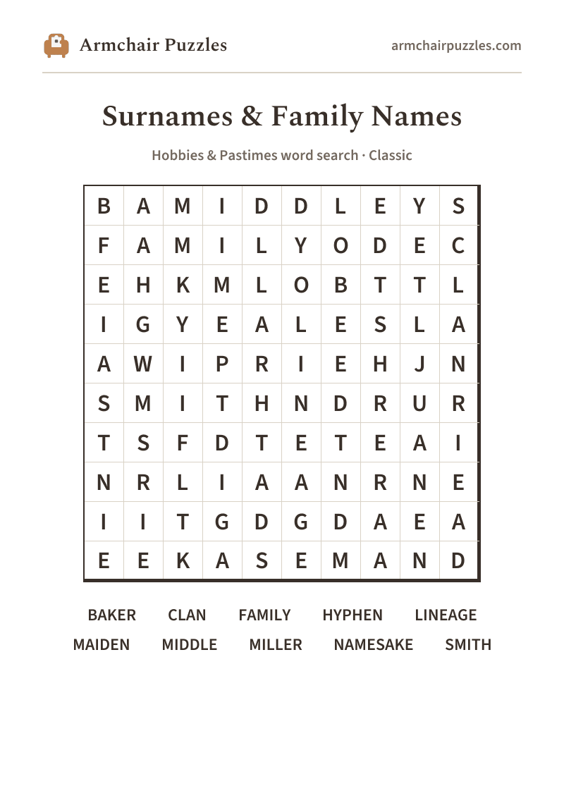 The printable Surnames & Family Names word search sheet: large-print Classic grid with its word list