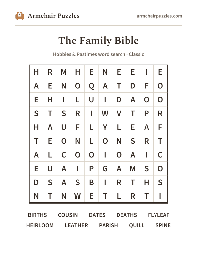 The printable The Family Bible word search sheet: large-print Classic grid with its word list