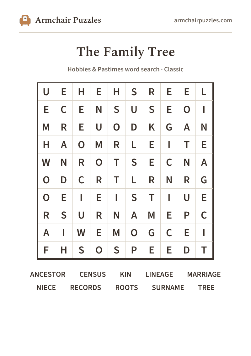 The printable The Family Tree word search sheet: large-print Classic grid with its word list