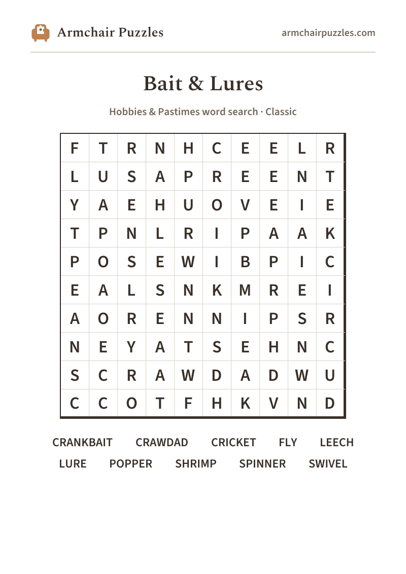 The printable Bait & Lures word search sheet: large-print Classic grid with its word list
