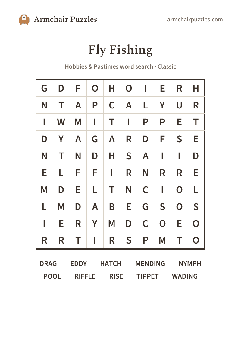 The printable Fly Fishing word search sheet: large-print Classic grid with its word list